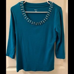 Style&co Teal Scoop Neck Jeweled 3/4 Sleeve Women’s Top Size Small